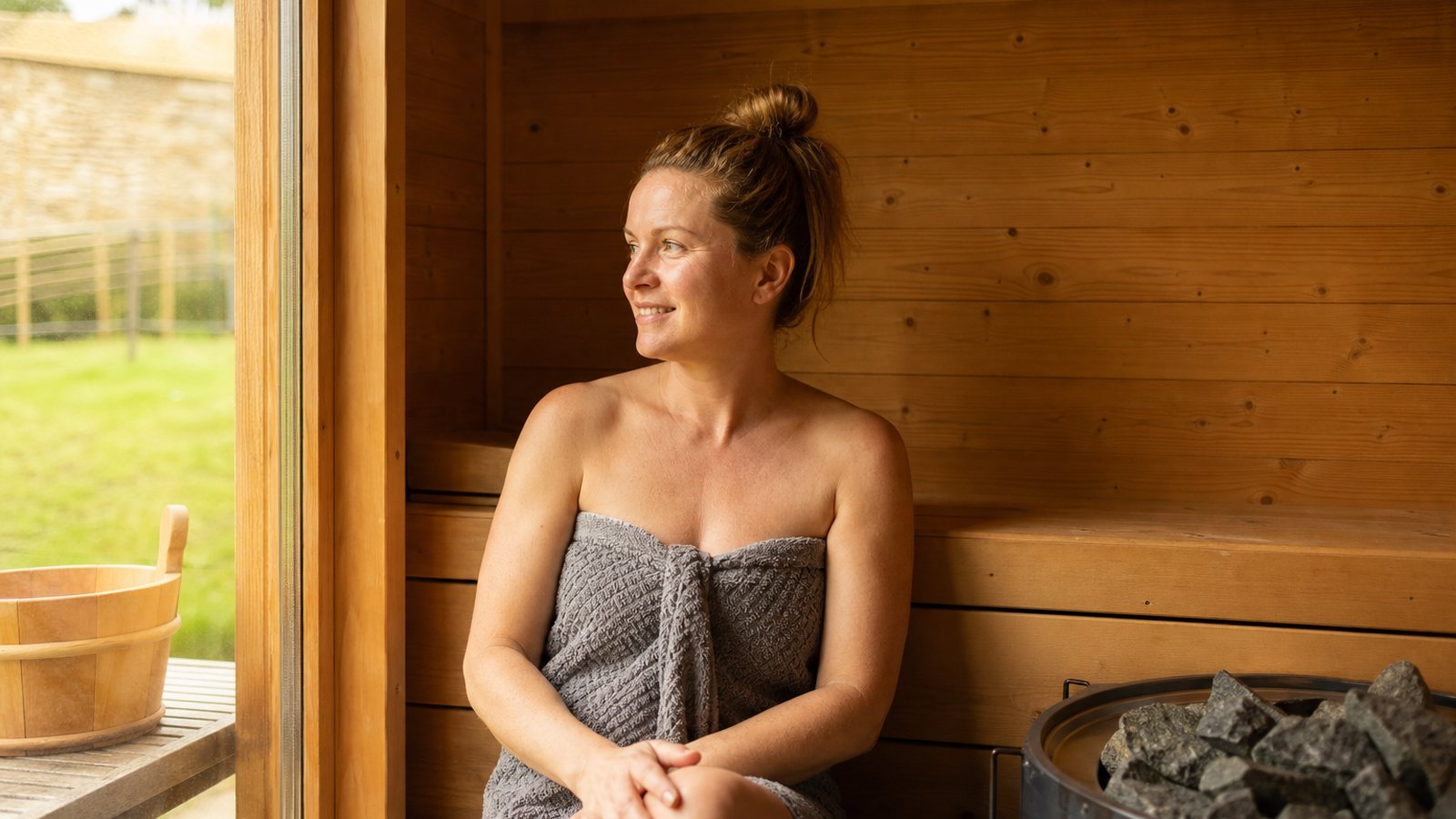 Rituel de détente dans un sauna soigné, serviette et repos après la chaleur du bain