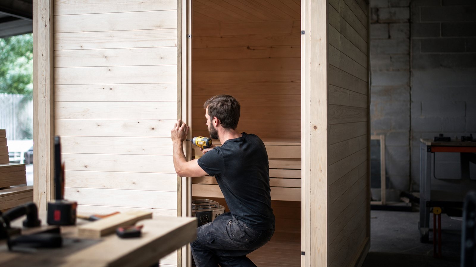 Artisan assemblant en atelier les banquettes et le bardage d'une cabine de sauna