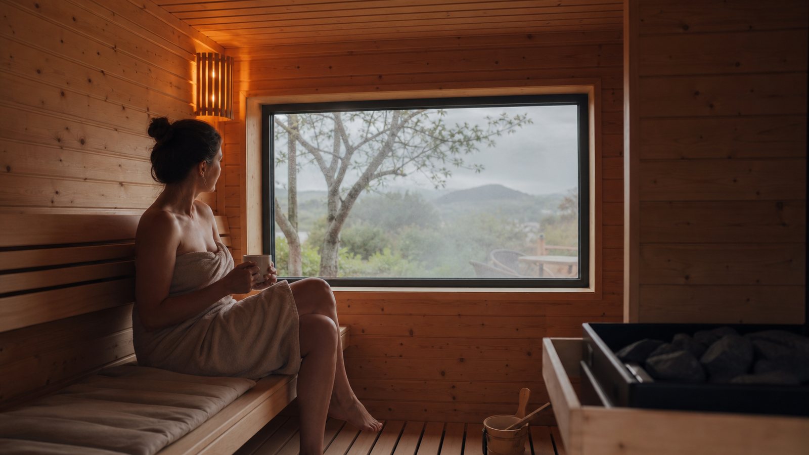 Sauna en bois clair jouxtant un hammam de vapeur habillé de mosaïque dans une maison