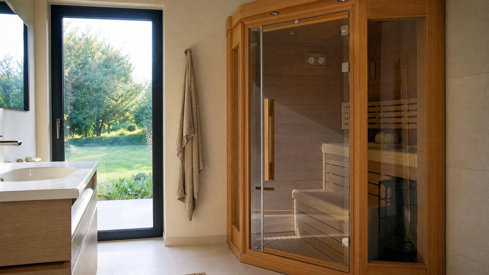 Sauna intégré dans un coin bien-être aménagé de la maison, éclairage doux et bois clair