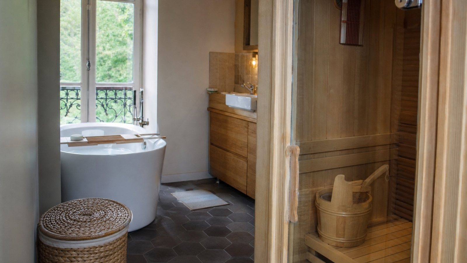 Sauna compact deux places intégré dans l'angle d'une salle de bain de taille modeste
