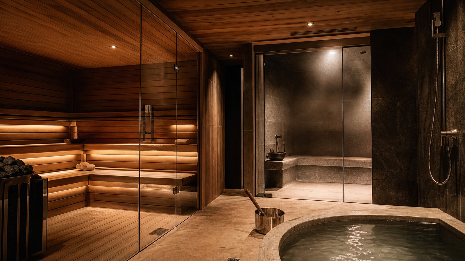 Sauna et hammam maison haut de gamme en bois et en pierre